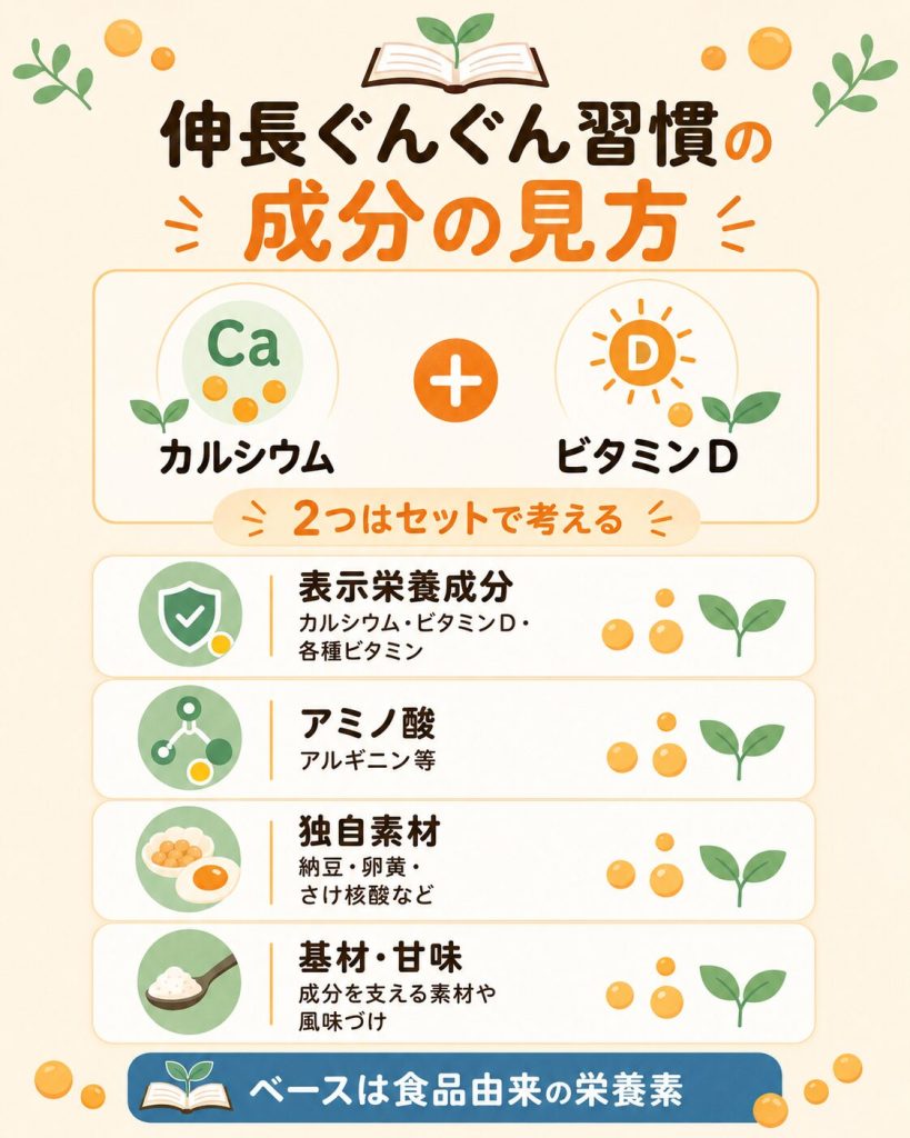 伸長ぐんぐん習慣の主な配合成分を区分ごとに整理した一覧