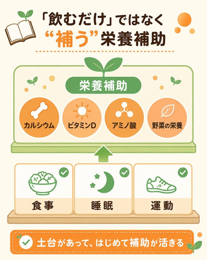 ノビエースを食事・睡眠・運動を補う栄養補助として示した位置づけ図