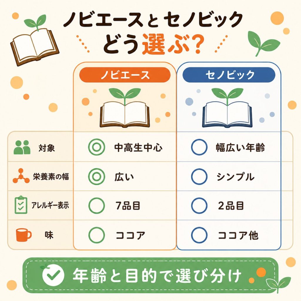 ノビエースとセノビックの対象年齢・栄養素・アレルギー比較表