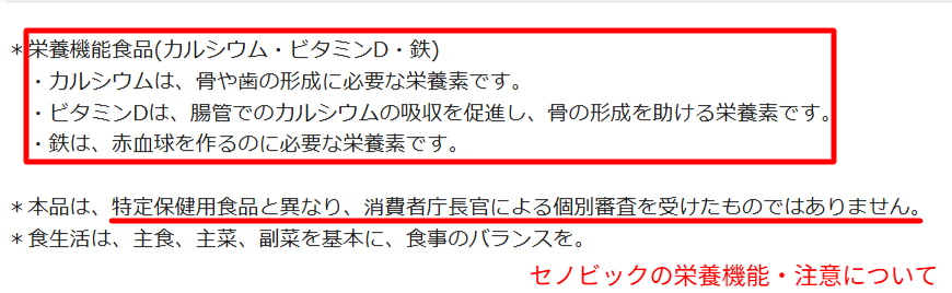 セノビック公式の栄養機能食品表記と注意文言