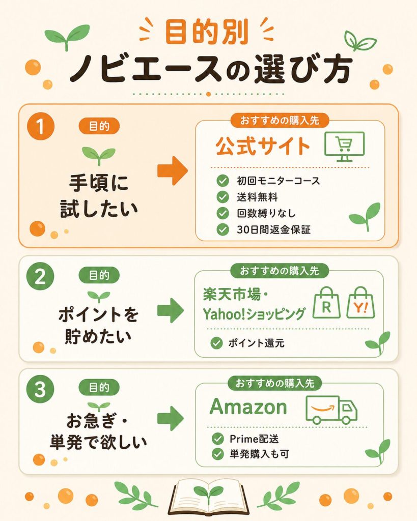 目的別に選ぶノビエースの購入先(公式・楽天・Amazon)