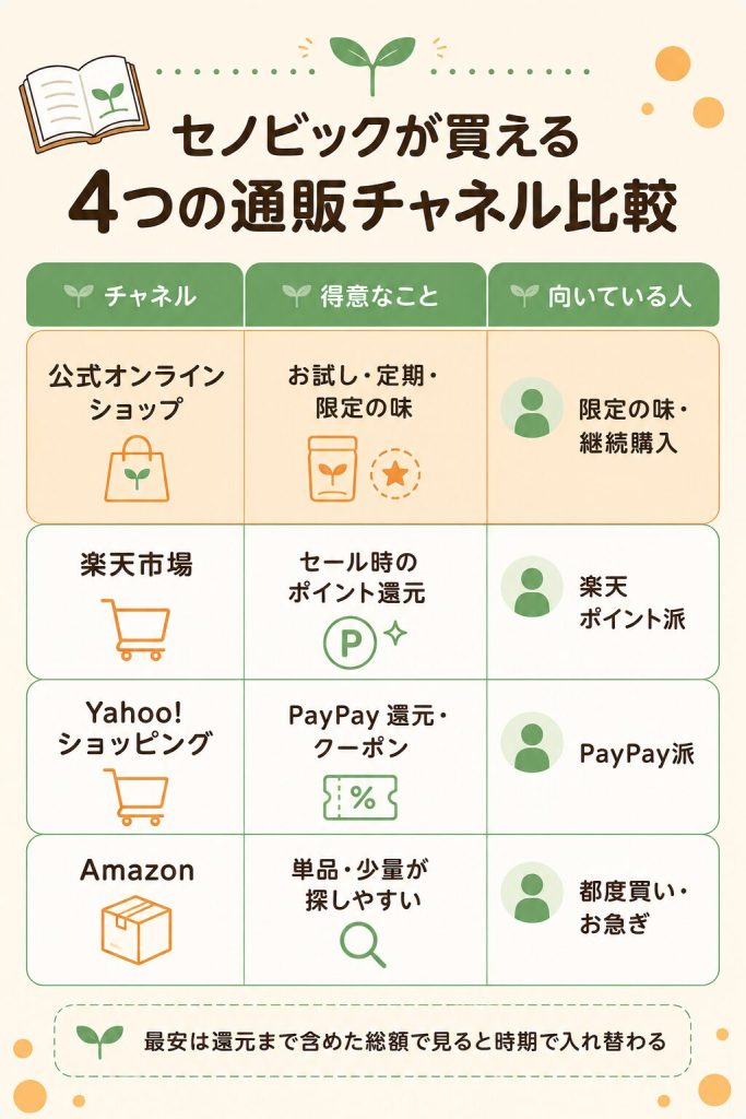 セノビックの公式・楽天・Yahoo!・Amazonの使い分け表