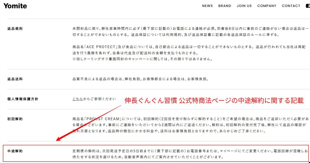 伸長ぐんぐん習慣 公式特商法ページの中途解約に関する記載