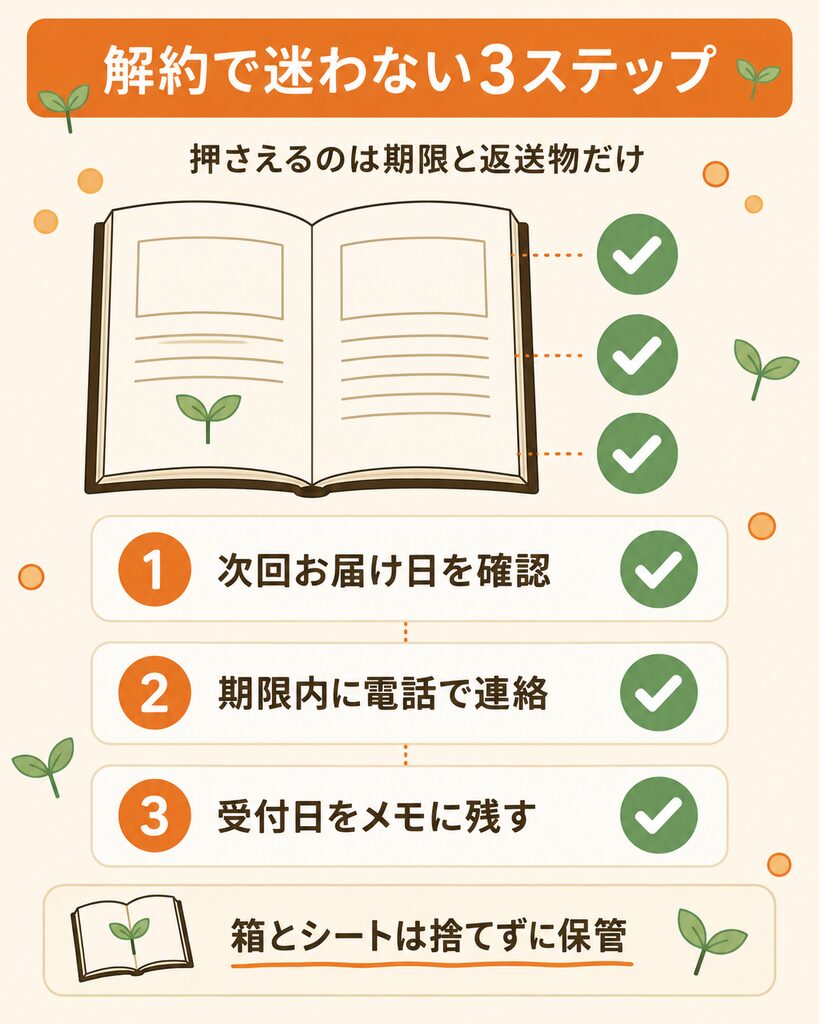 GPCワン・プレミアムの定期コース解約で押さえる3ステップの流れ図