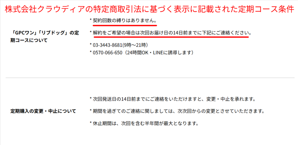 株式会社クラウディアの特定商取引法に基づく表示に記載された定期コース条件