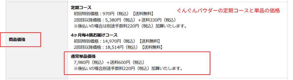 ぐんぐんパウダーの定期コースと単品の価格表記